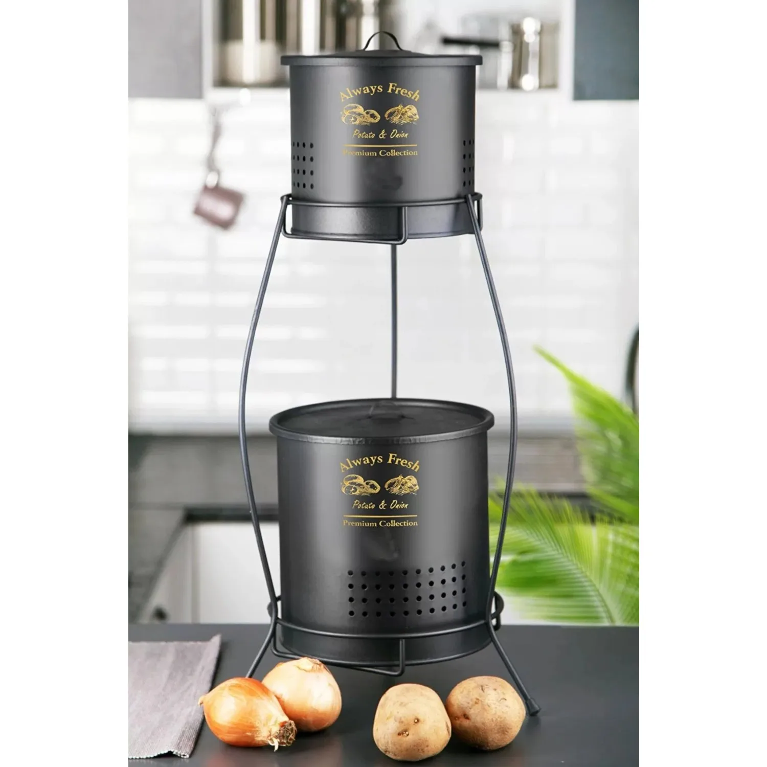 2PCS Metal Storage Box 2 Layers Stand For Potato Onion Vegetable Fresh Holder Wrought Iron Breathable Compartment Luxury Buckets