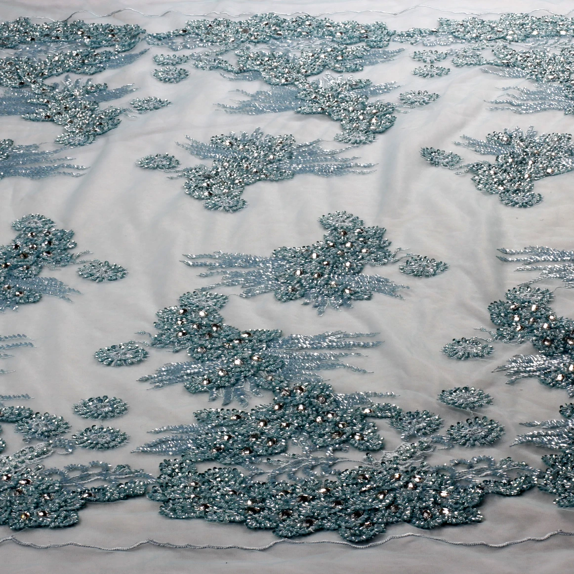 HelluyerDC Ivory hand-made lace blue lace fabric, super heavy beaded for wedding,evening,dance gown can be cut to many pieces