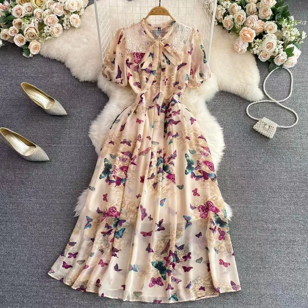 

Women Summer Vintage Chiffon Elegant Vestidos A Line Evening Short Puff Sleeve Print Sexy Streetwear Bow Tie Lovely Partywear