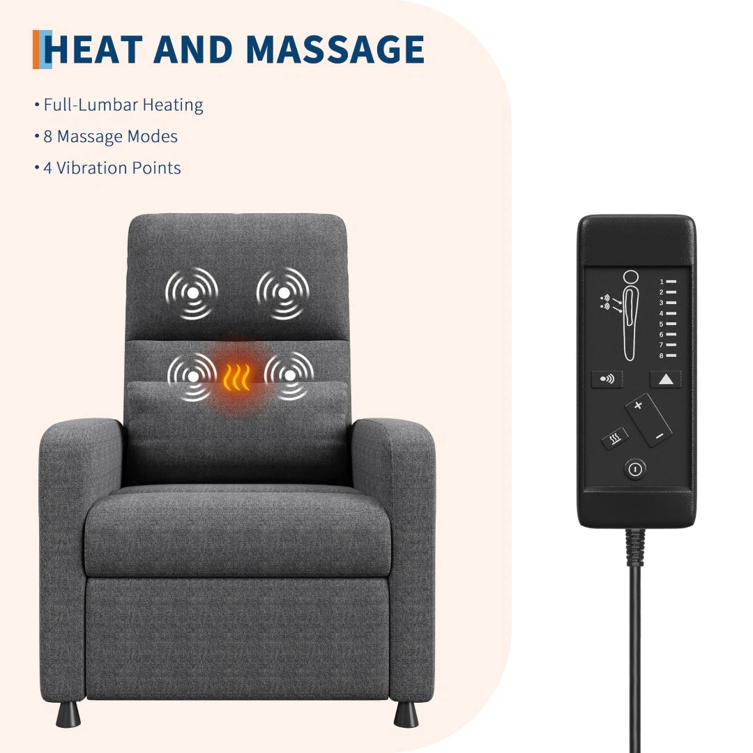 Elektrischer Relaxsessel mit Neigefunktion – Massage- und Wärmesessel mit ausfahrbarer Fußstütze, dicker Polsterung und Stoffbezug, ideal für Schlafzimmer, Wohnzimmer und Wohnbereich