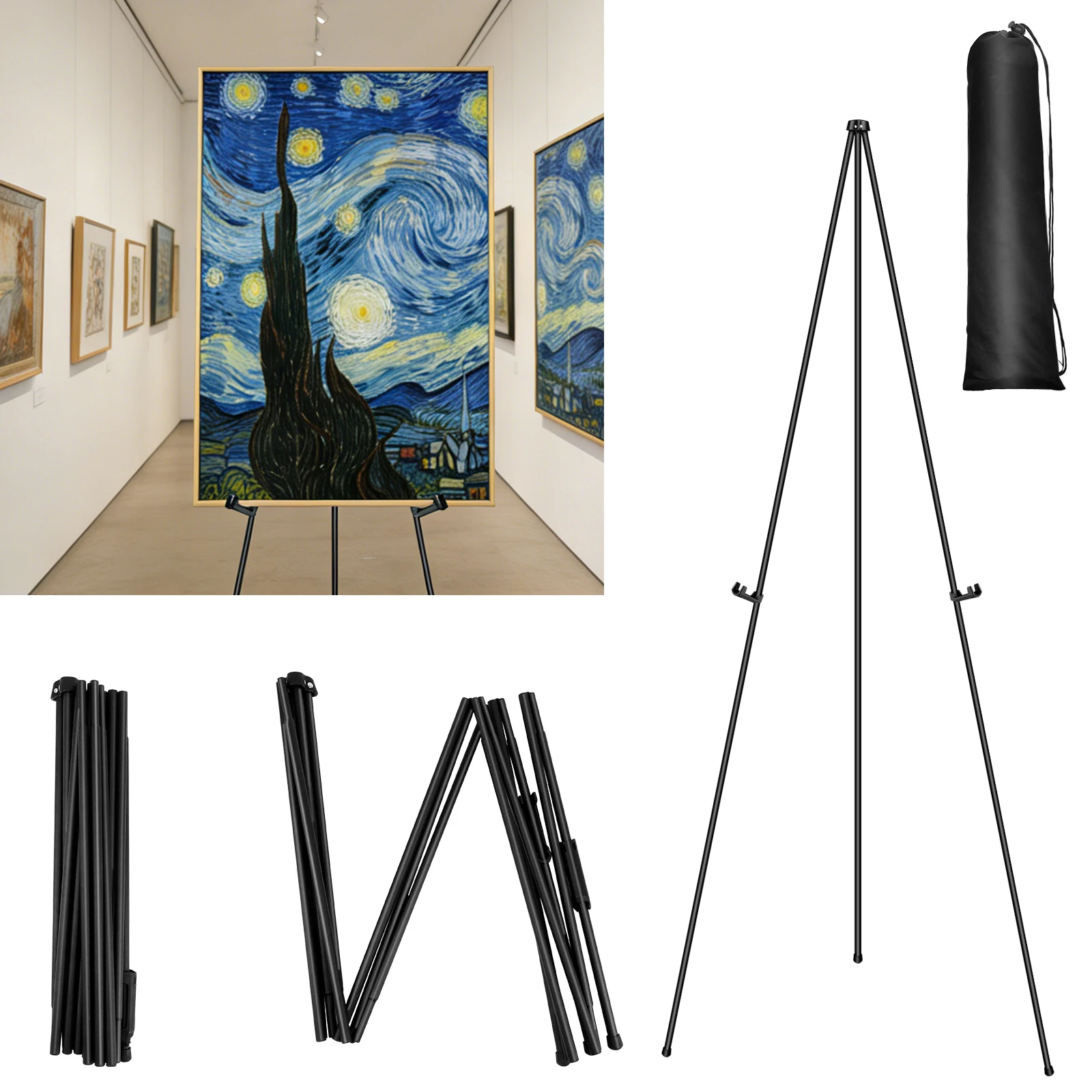 Tragbares Ausstellungsstativ 66 Zoll, schwarzer Metall-Klappständer für Hochzeitsschilder, Poster, Fotos – leichtes Stativ mit Tragetasche – für Messen & Veranstaltungen