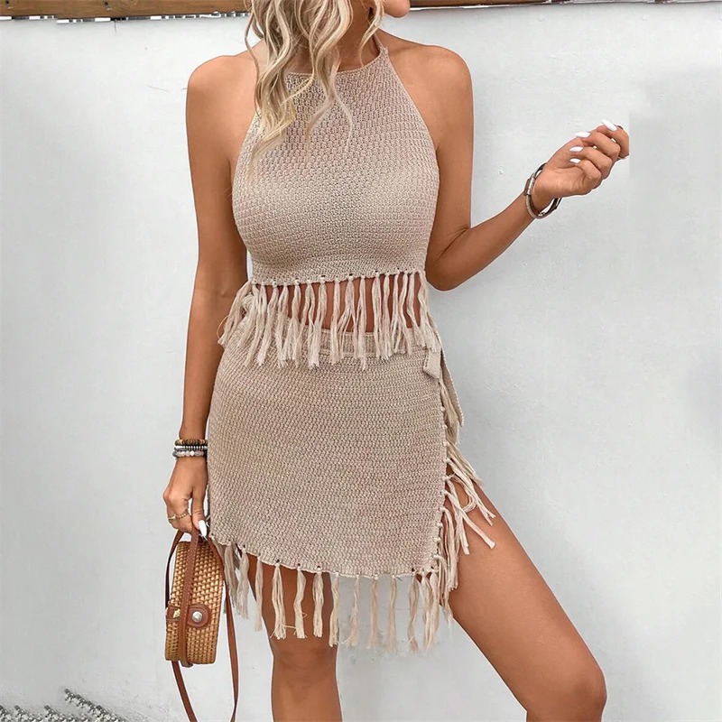 Conjunto de 2 uds para mujer, traje de baño de punto con borlas de ganchillo, Top corto con cuello Halter y faldas, Bikini para playa, ropa de playa Sexy de verano