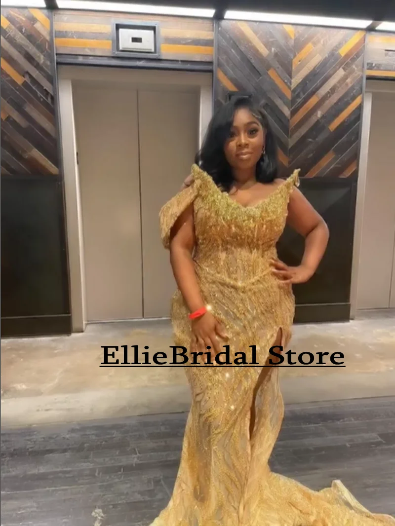 African Gold Sequin Prom Dresses 2025 Crystal Beading Plus Size Mermaid Evening Gowns See Through Party Dress Long Customized