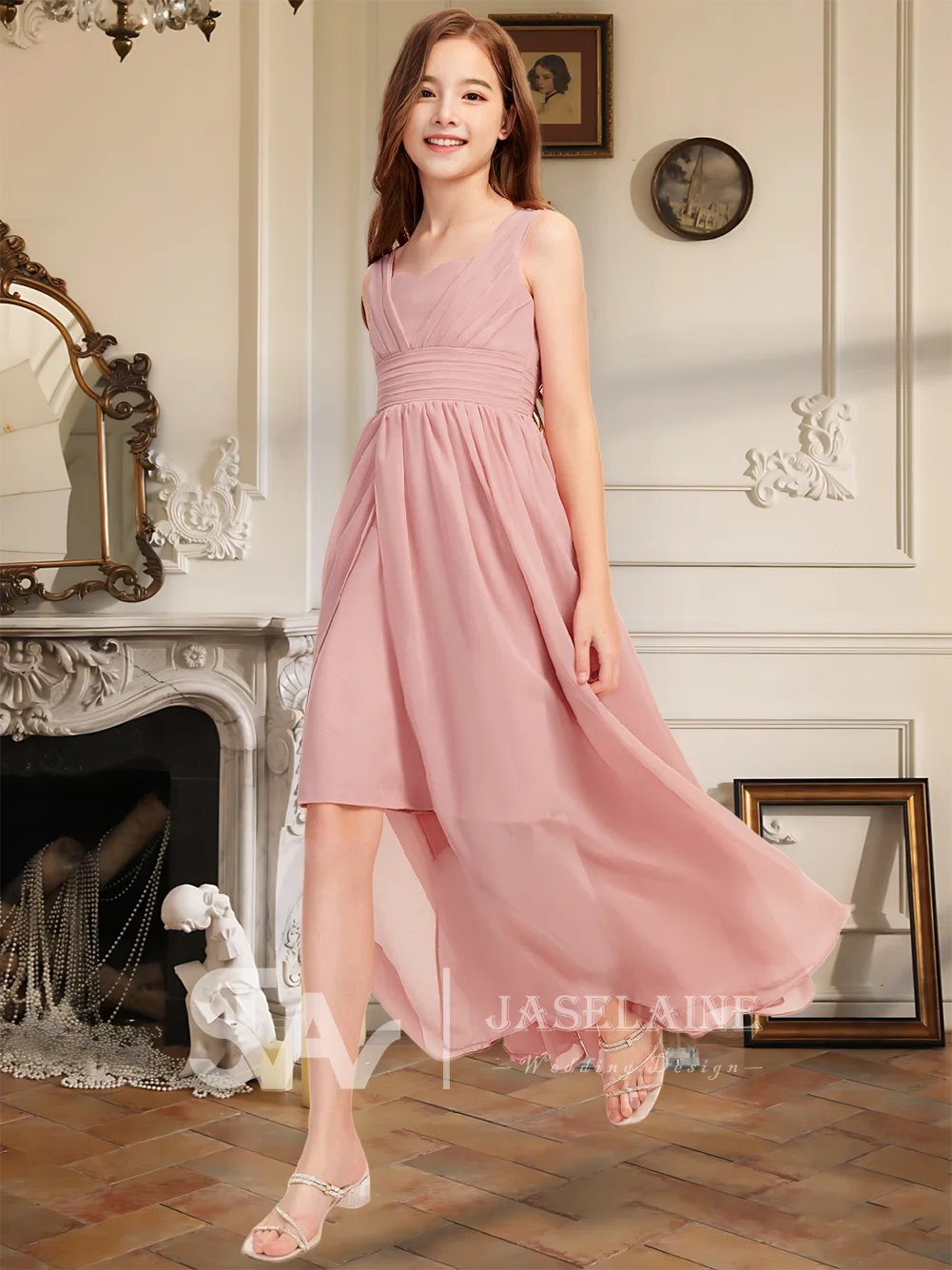 Элегантное асимметричное шифоновое платье трапециевидной формы для подружек невесты, платье с цветочным узором для девочек, торжественное летнее платье для свадебной вечеринки