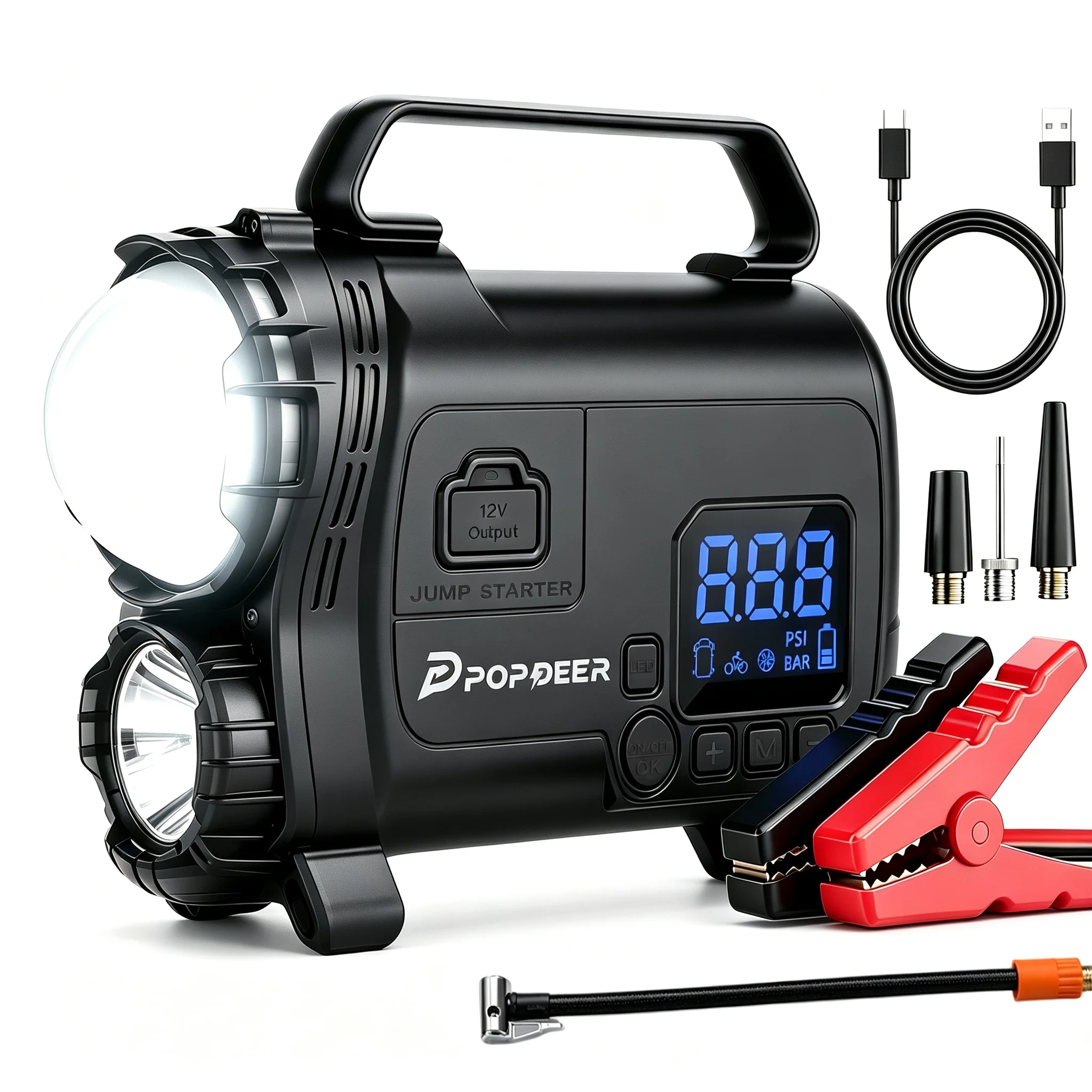 POPDEER P-JAL1 4000A 4-in-1 Starthilfegerät, 150PSI Luftkompressor, Dual-Source Campinglampe, Powerbank mit LCD-Display, 8L Benzin/6L Diesel