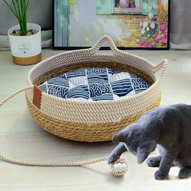 Summer Cat Bed Woven Removable Upholstery Sleeping House Cat Scratch Floor Rattan Wear-resistant Washable Cat Pet Supplies