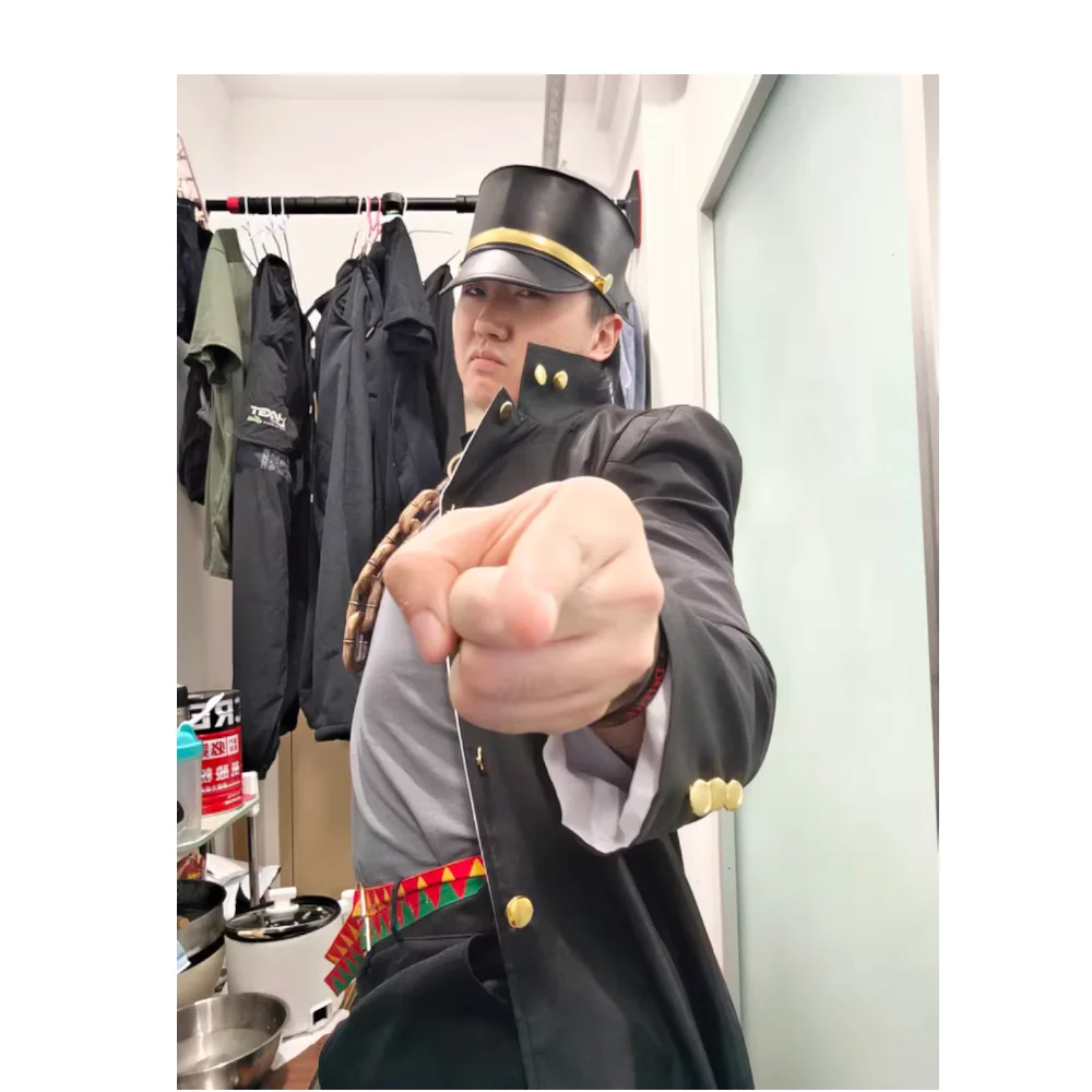쿠죠 죠타로 코스프레 의상 죠죠의 기묘한 모험 스타더스트 크루세이더즈 남성용 블랙 가죽 트렌치 코트 의상