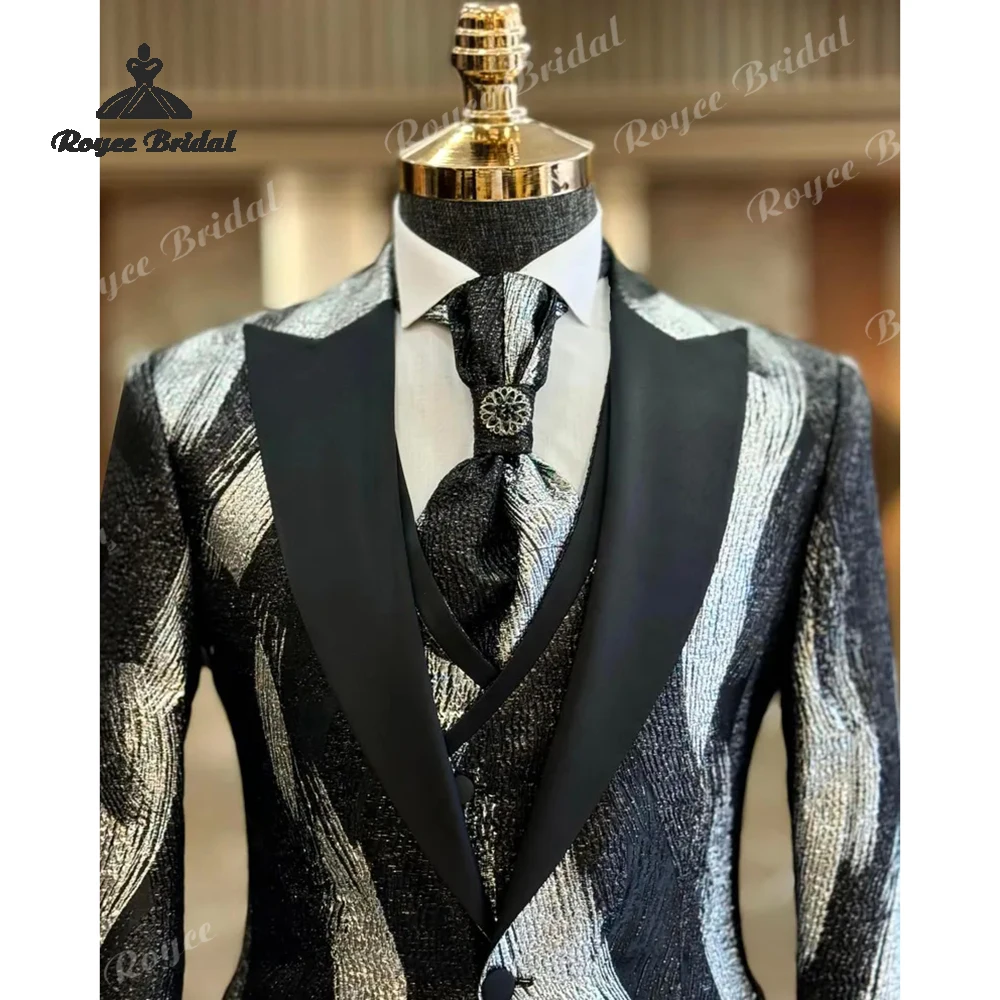 Three Piece Silver Patterned  Men's Wedding Suit 2026 Single Breasted Party Prom Evening Suits costume homme mariage