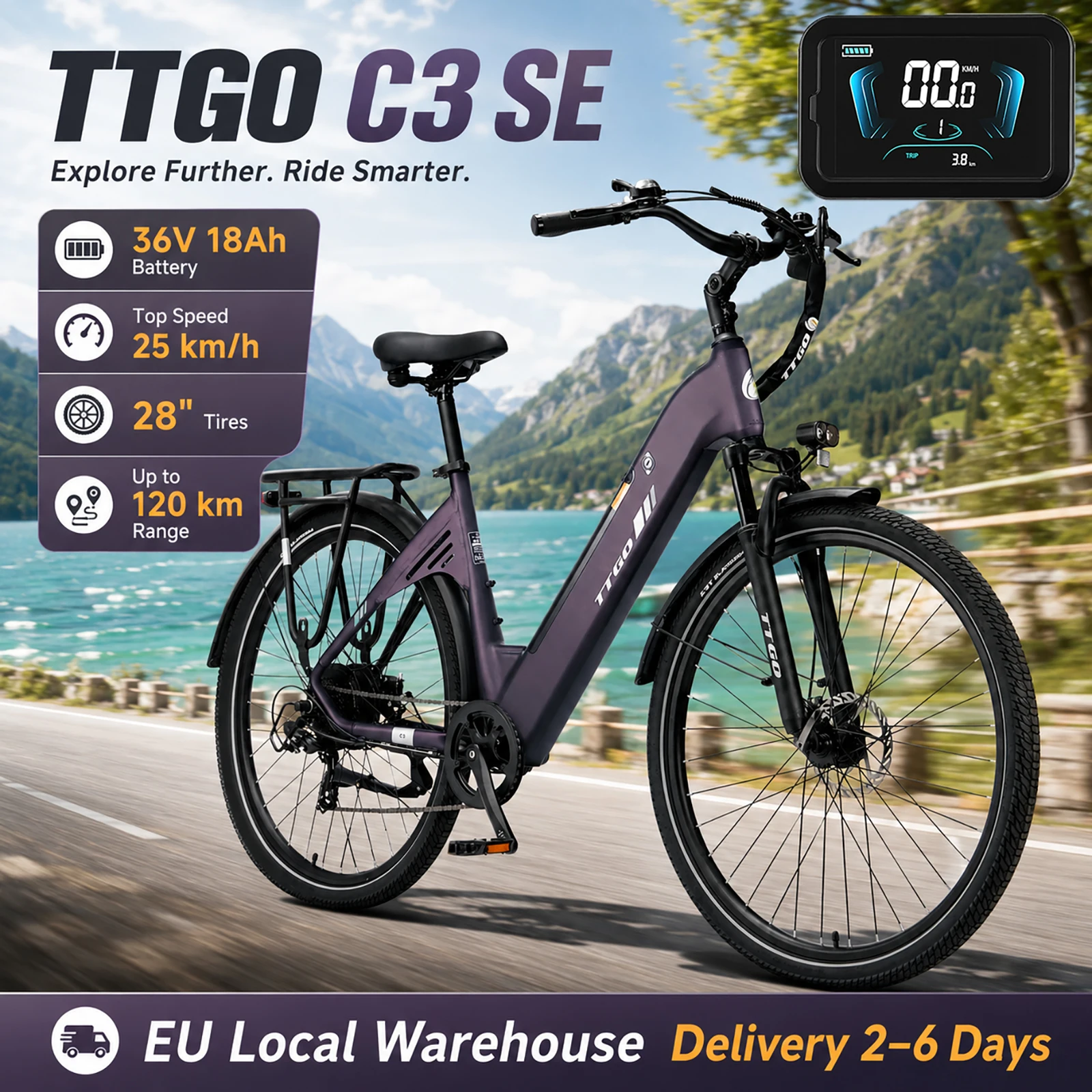 TTGO C3 SE elektrische fiets voor volwassenen, 28 inch stadsfiets, 250W achtermotor, 36V 18Ah 650Wh uitneembare accu, 52Nm koppel, tot 120km bereik, 7 versnellingen, mat paars