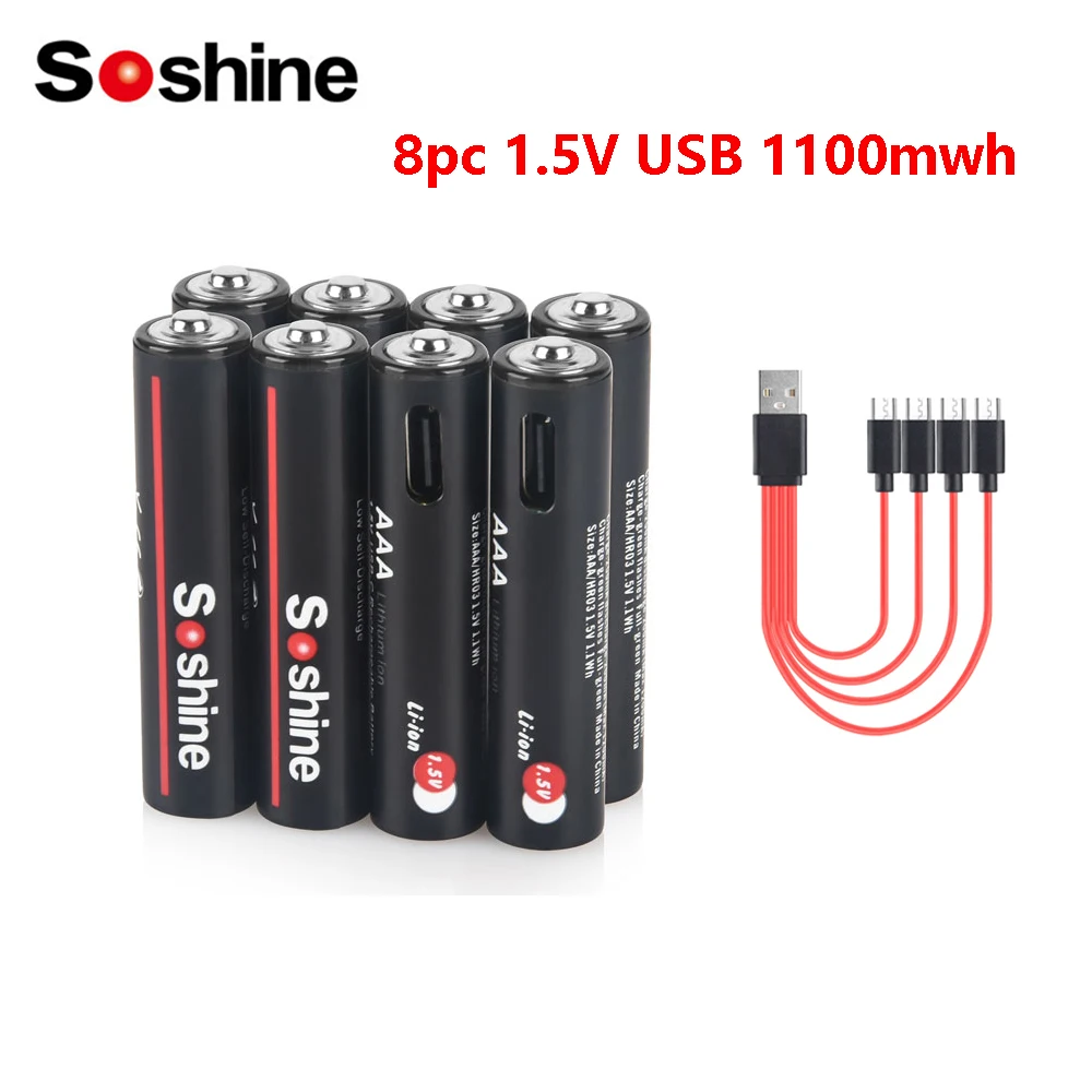 Soshine 1.5V AAA Lithium Rechargeable Battery 3A USB 1100mWh Batteries 1000 Times Cycle for Remote Control Wireless Mouse Toys