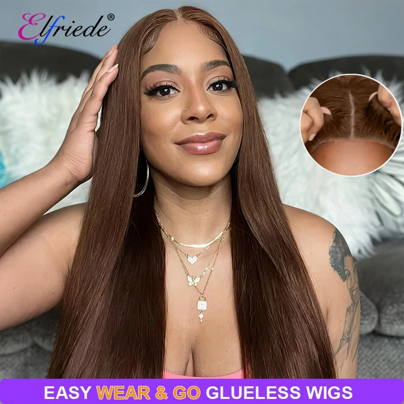 

Elfriede #4 Chocolate Brown Straight Glueless Wigs Human Hair Ready to Wear 4X4 Lace Closure Brazilian Human Hair Wigs for Women