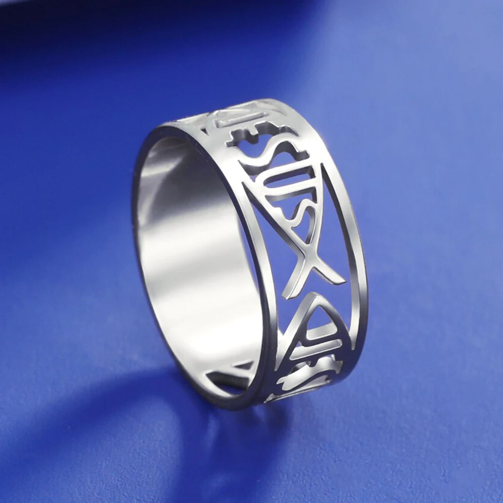 LIKGREAT Jesus Fisch Ichthys Symbol Ring Edelstahl hohle Fingerringe für Frauen Männer religiöse Liebhaber Geschenke Amulett Schmuck