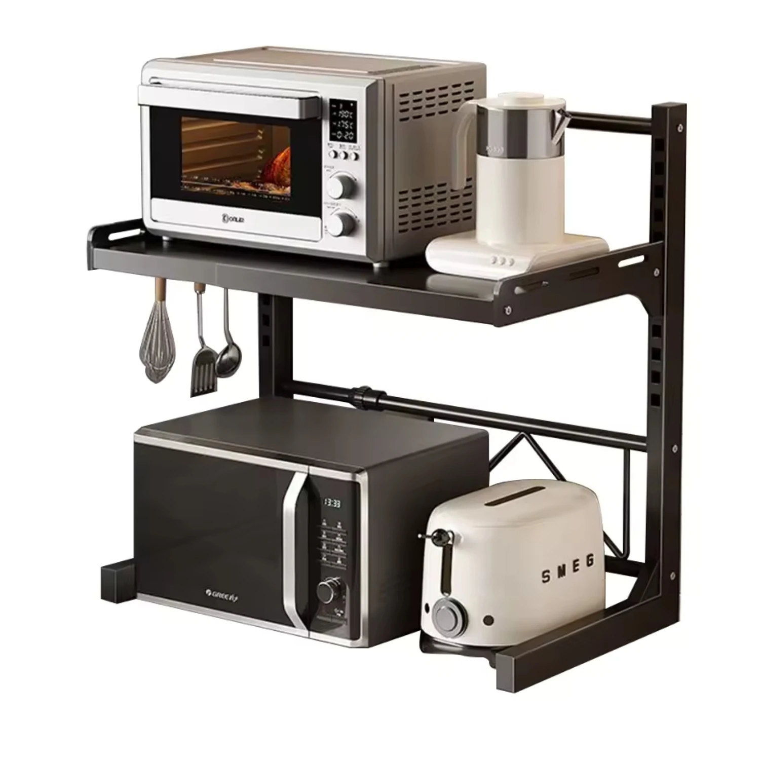 Estantería microondas, Organizador multifuncional de 2 niveles para hogar, Oficina y despacho, Metal con ganchos auxiliares, Ideal para cocina, Tostadora, Impresora y escáner, Multiuso
