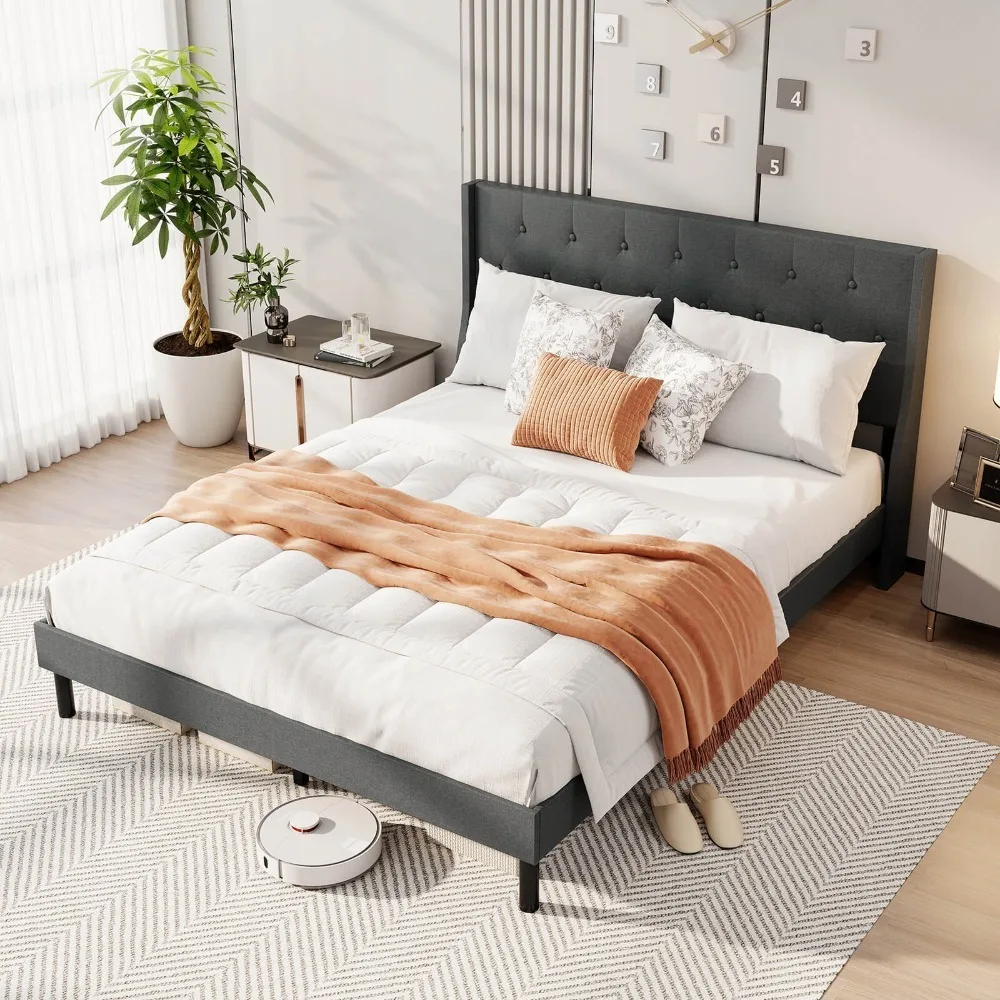 Queen Size Bed Frame Linen Upholstered Mattress Foundation with Wooden Slats
