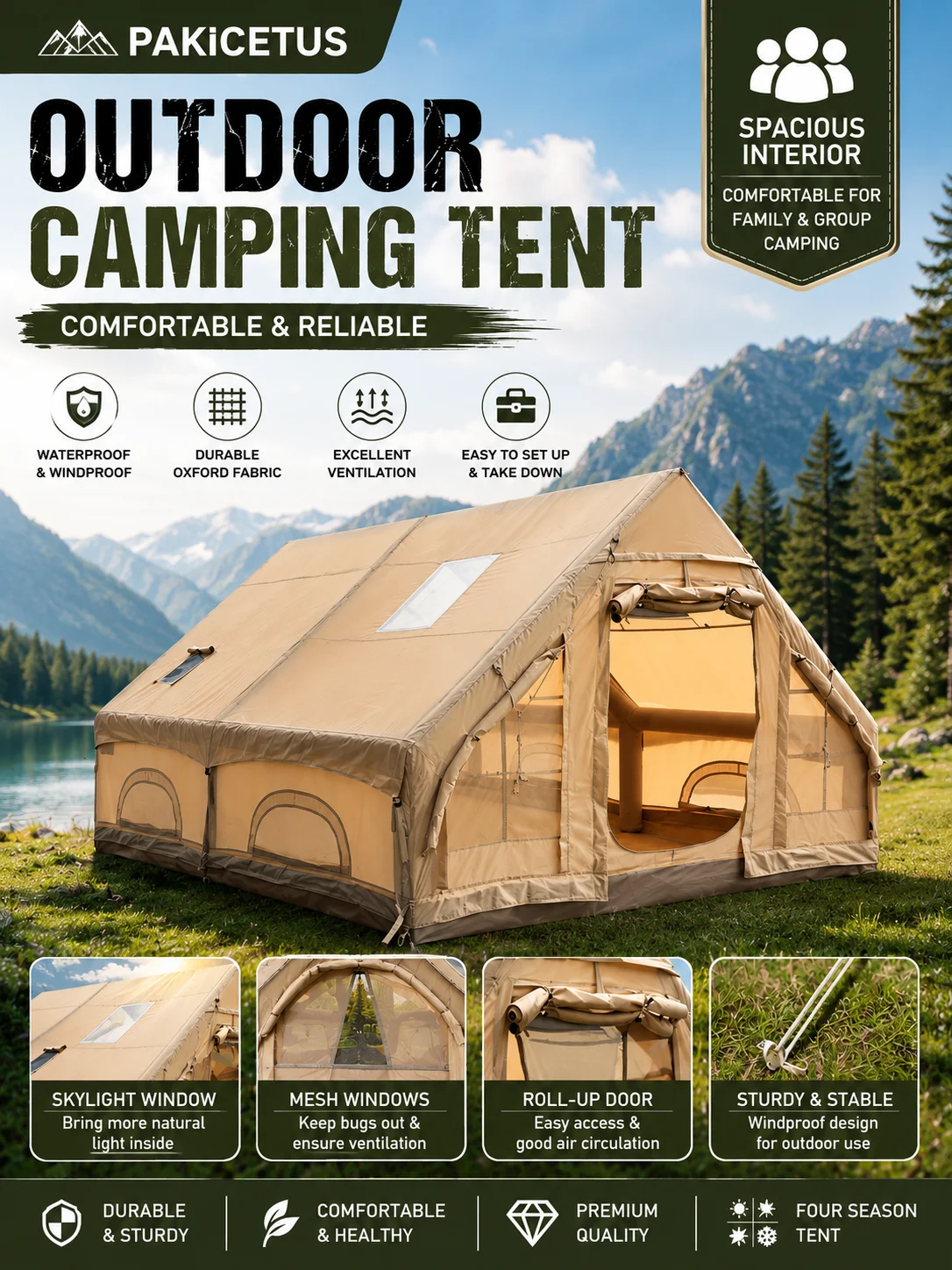 PAKICETUS Aufblasbares Campingzelt, Familien-Luftzelt für 4 Jahreszeiten mit Ofenrohranschluss und Fenstern, winddichtes, isoliertes, selbsttragendes Zelt für Outdoor-Camping, Wandern und Reisen