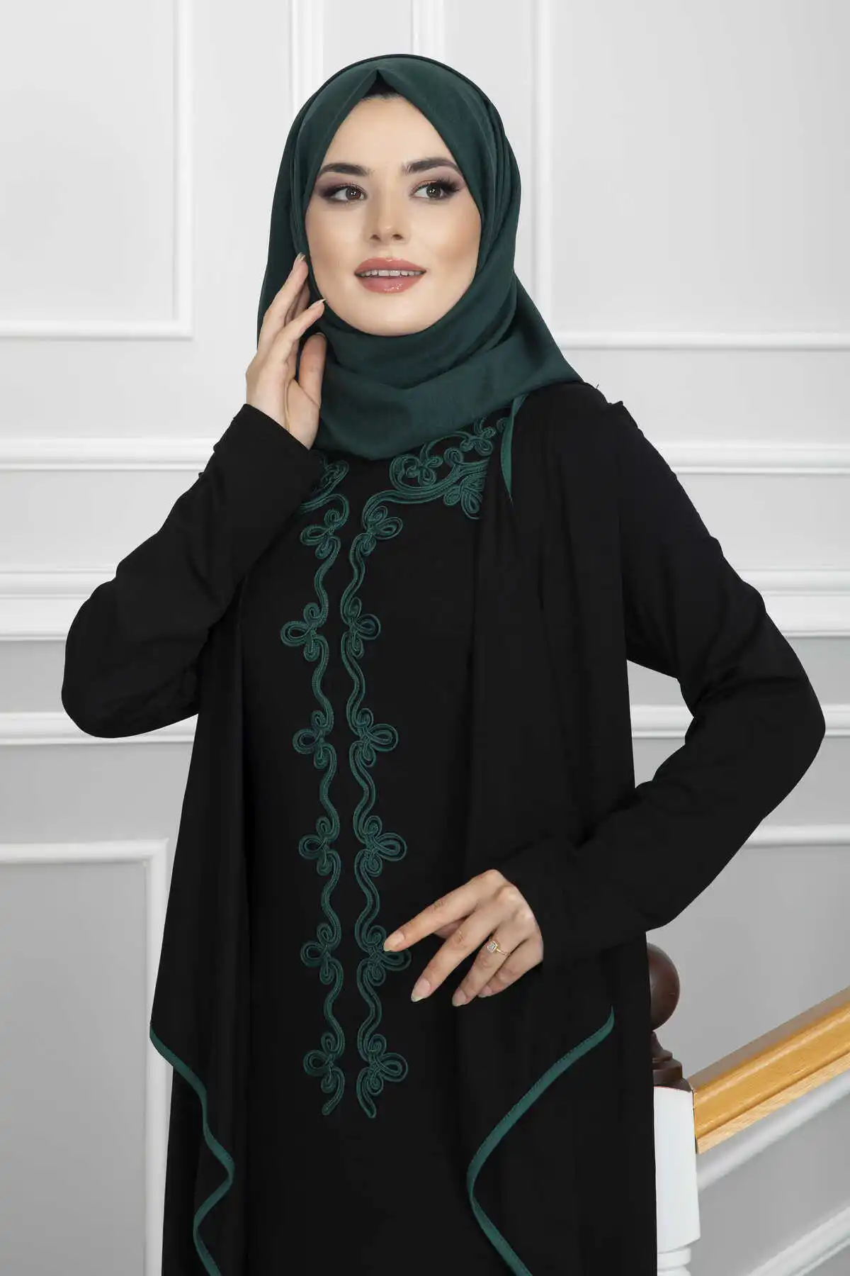 Women Clothing Vest Look Combed Hijab Dress Abaya Muslim Long Sleeve Maxi Lace Polka Dot Stitch Islamic Middle East Dubai Kaftan