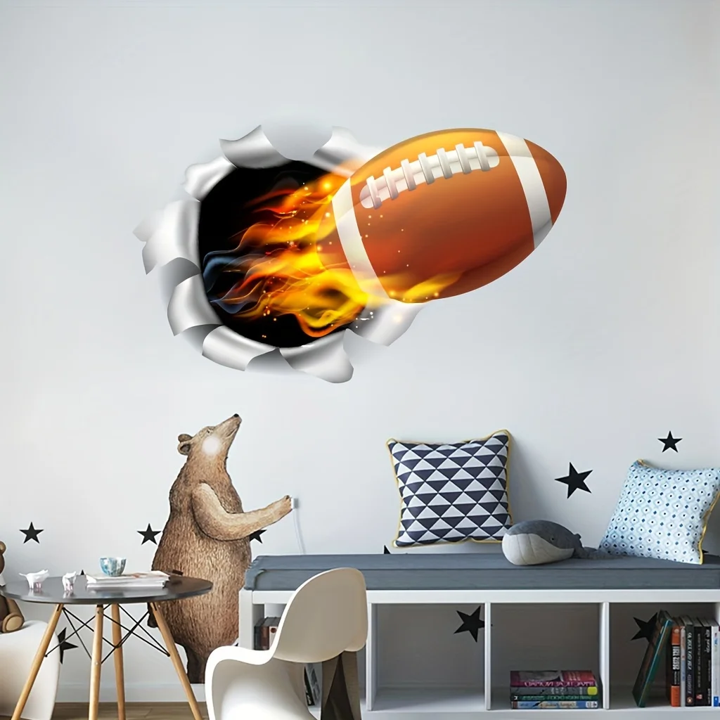 1Pc American Football Flame Breaking through the Wall Wall Sticker, Self-Adhesive Pvc Home Decoration DIY Sticker, Suitable for Study Room, Cabinet, Living Room, Bedroom, Dining Room, Bathroom, Entryway, Doors and Windows, and Wall Decals, Easily Create a Warm and Fun Space, a Creative and Thoughtful Gift for Family, Friends, and Loved Ones