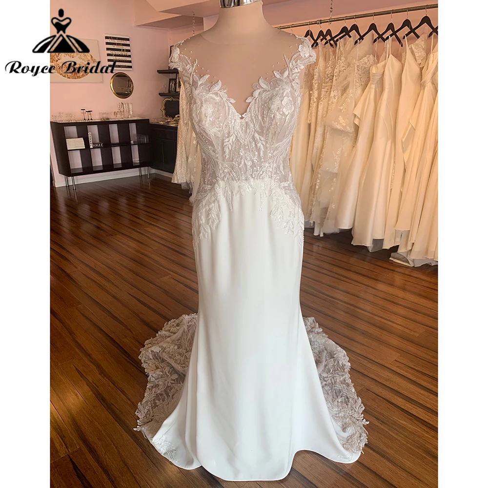 

Boho O Neck Cap Sleeve Sexy Open Back Button Lace Appliques Mermaid Wedding Dress For Women Bridal Gowns Sweep Robe De Mariée