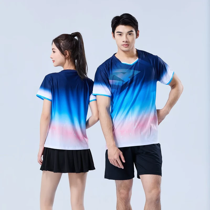 Camiseta de tênis de mesa feminina padrão gradiente novo verão tênis badminton camiseta superior clube de tênis de mesa secagem rápida manga curta