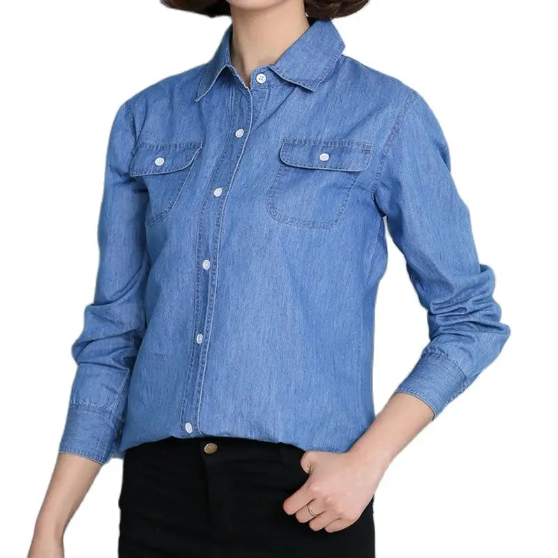 add Pure cotton Size S-4XL Cowboy blue joker loose lovers coat European women Long Sleeve Casual Denim shirts high quality