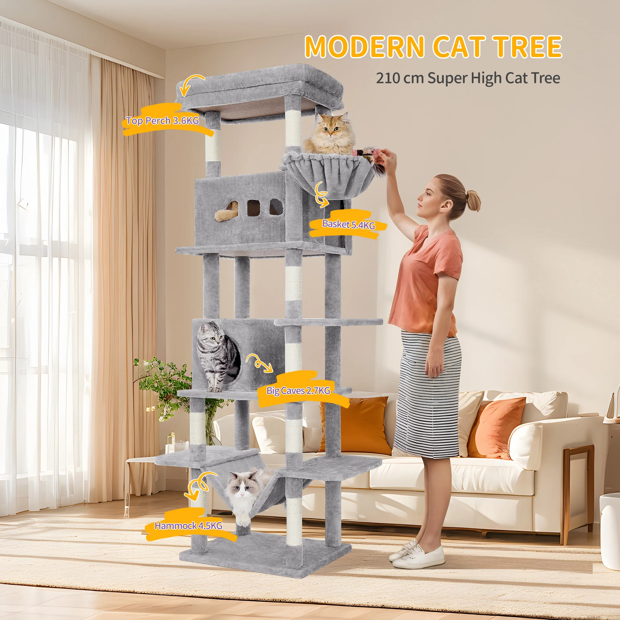 Griffoir pour chat de grande taille de 210 cm de haut, 2 grottes, grandes plateformes, hamac, balles en peluche, griffoir pour chat à plusieurs niveaux, gris clair