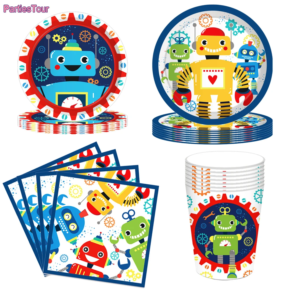 Cartoon Robot Themed Party Disposable Tableware Plates Cups Napkins Kids Boys Birthday Party Decoration Baby Shower Supplies