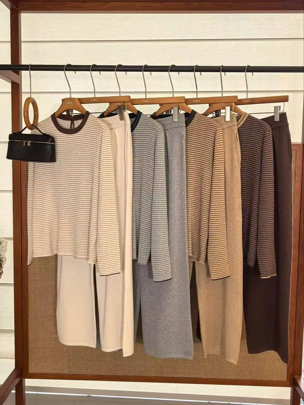 Luxury 100% Wool Simple Striped Knit Top and Elastic Waist Wide Leg Pants Set