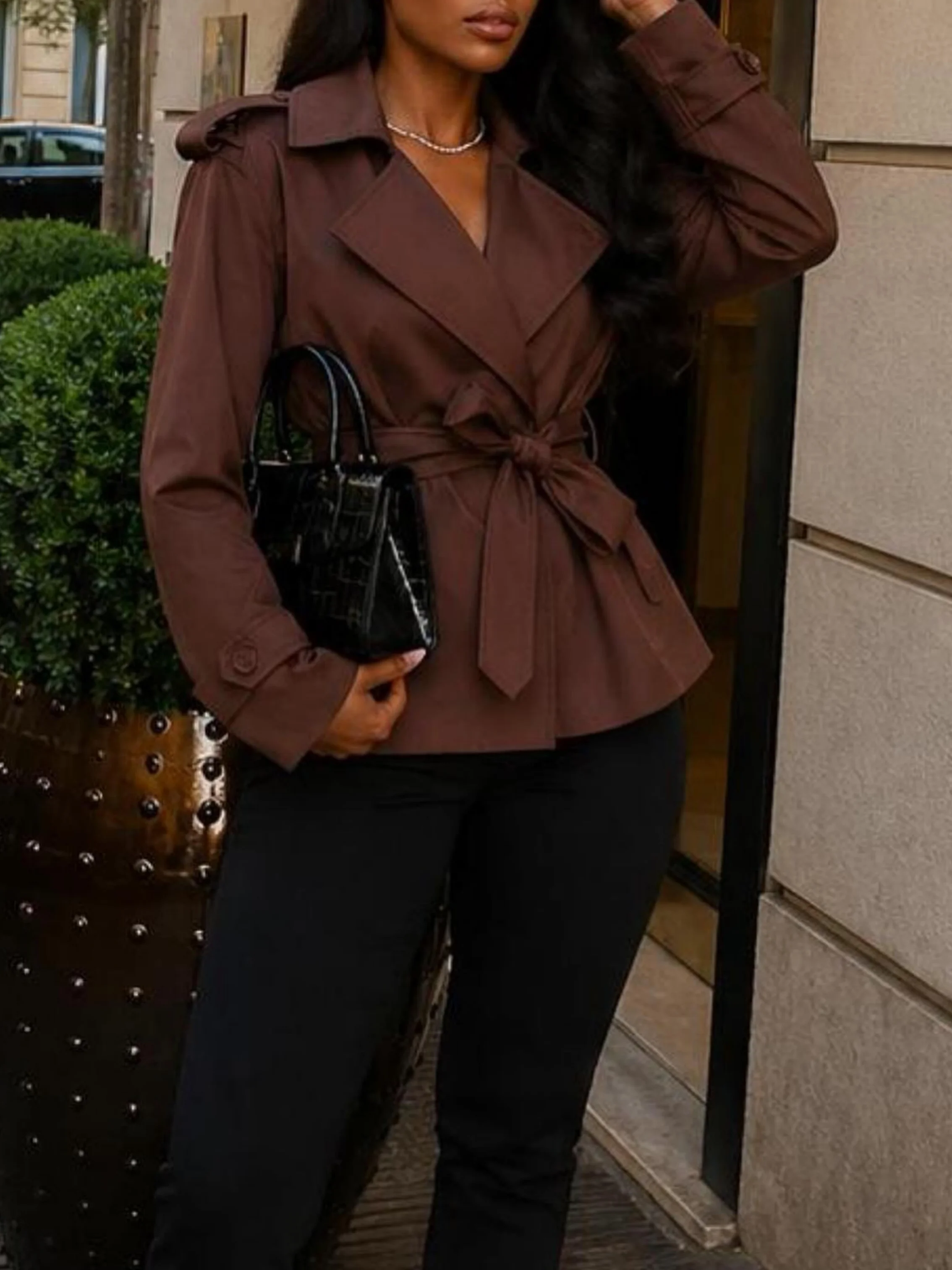 Women Fashion Short Trench Coat Loose Belted Overcoat Lapel Collar Windproof Jacket Casual Work Office Ladies Jackets Outerwear