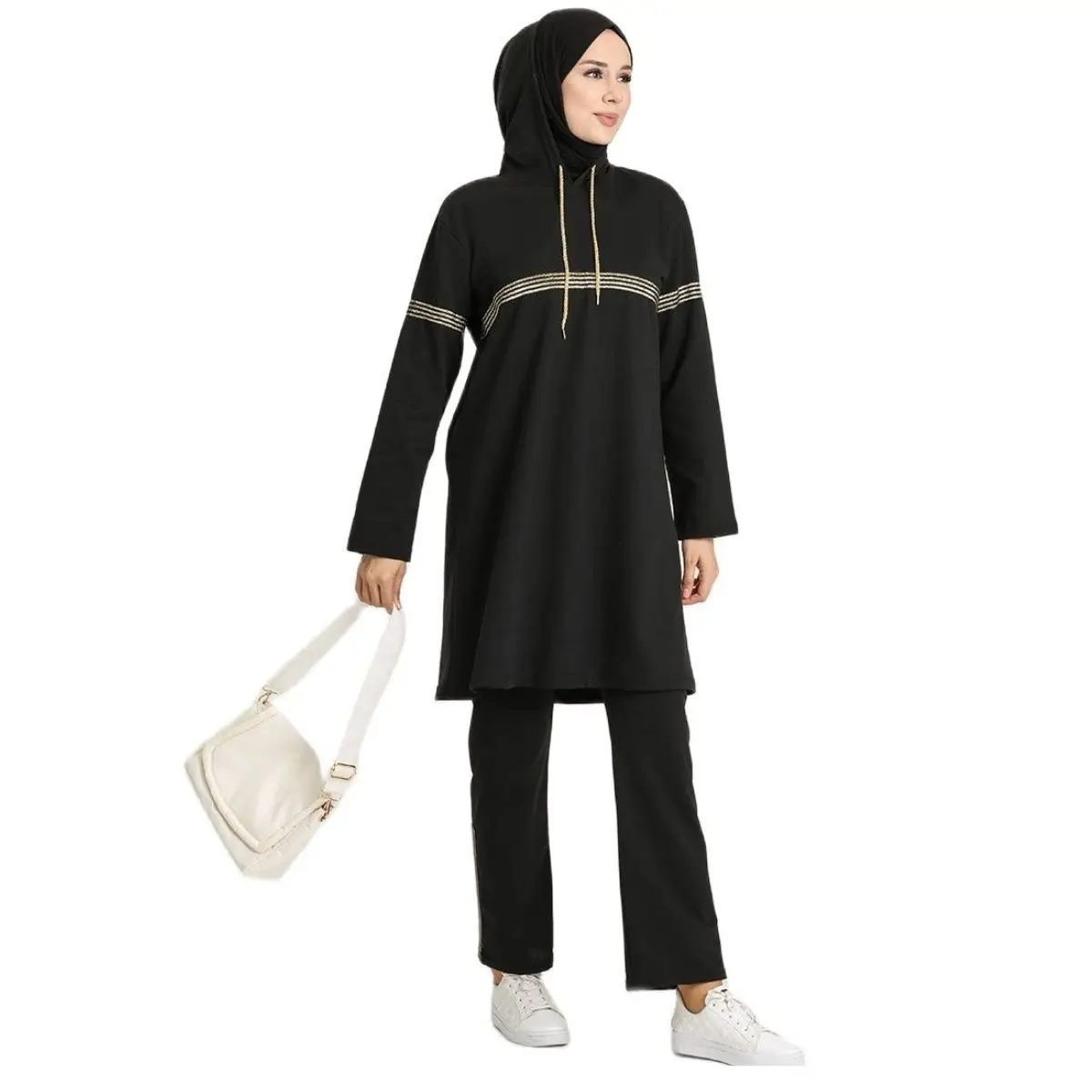 Vrouwen Trainingspak Set Hooded Touw Detail Ongevoerd Lange Mouw Seizoensgebonden Zomer Vrouwen Hijab Kleding Moslim Fashion Stijlvolle