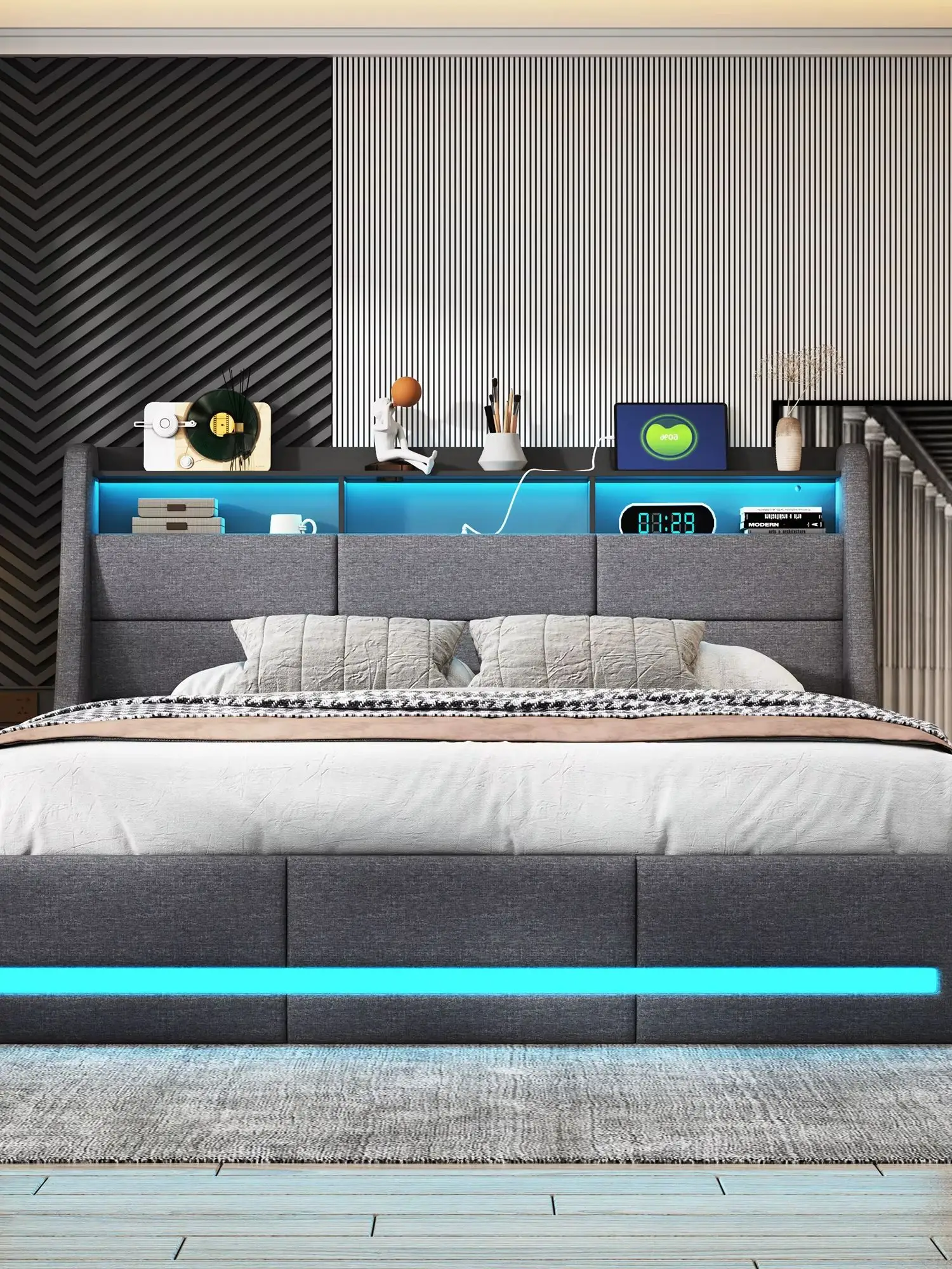 Gestoffeerd bed met opbergruimte, hydraulische liftbox, LED-hoofdeinde met USB, linnen tweepersoonsbedframe met lattenbodem, zonder matras - afbeelding 2