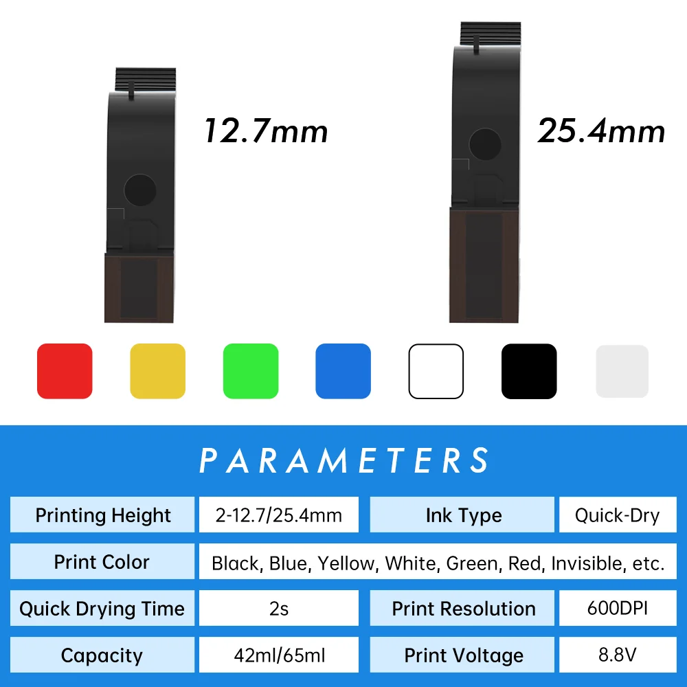 Cartouches d\'encre Willita 12,7 mm pour imprimante à jet d\'encre portable Tij A Level Fast Dry Original Import Blanc/Jaune/Noir/Rouge/Bleu/Vert