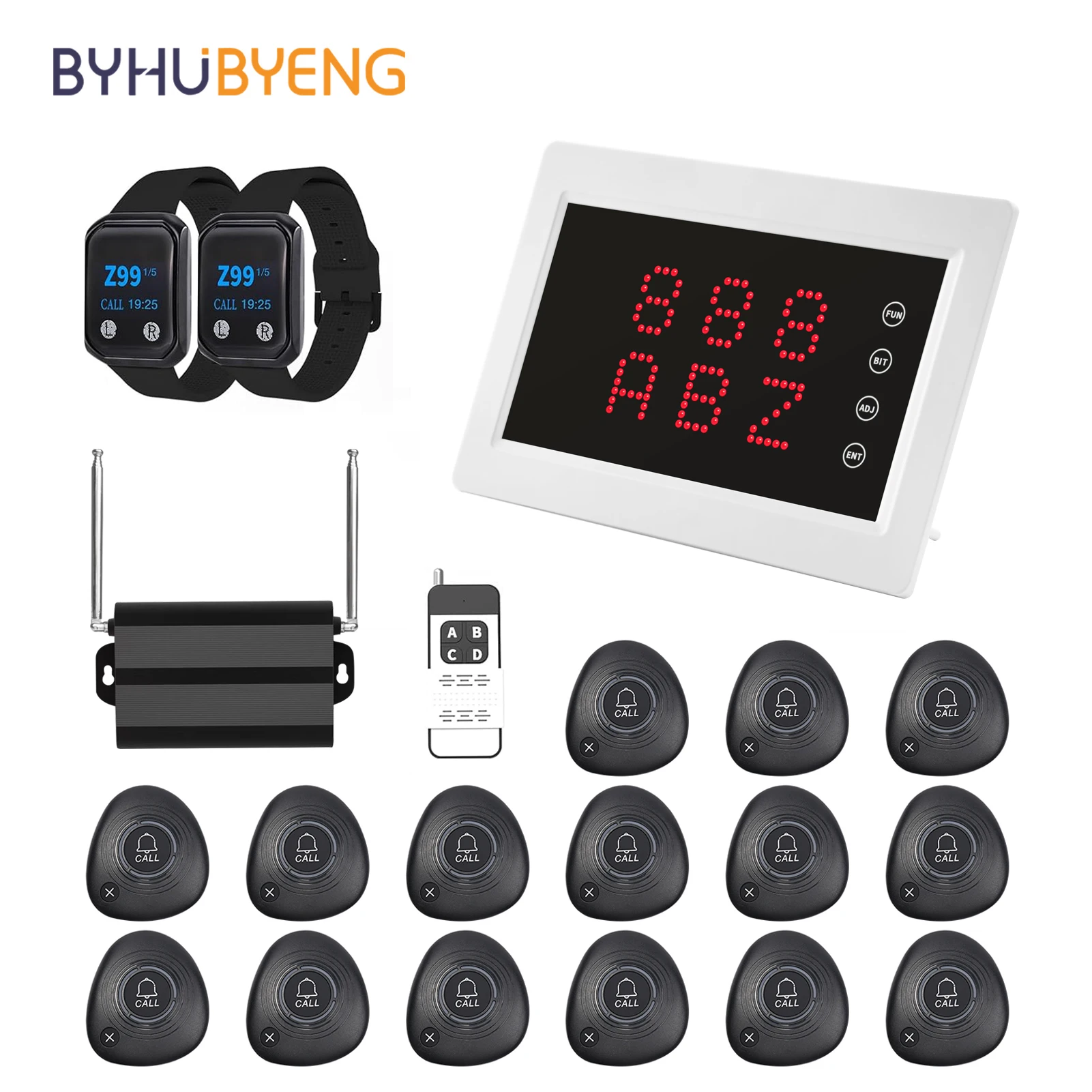 BYHUBYENG Wireless Calling System Remote Restaurant Pager System with Display/Amplifier/Buttons/Watch for Nurse Call Caregiver