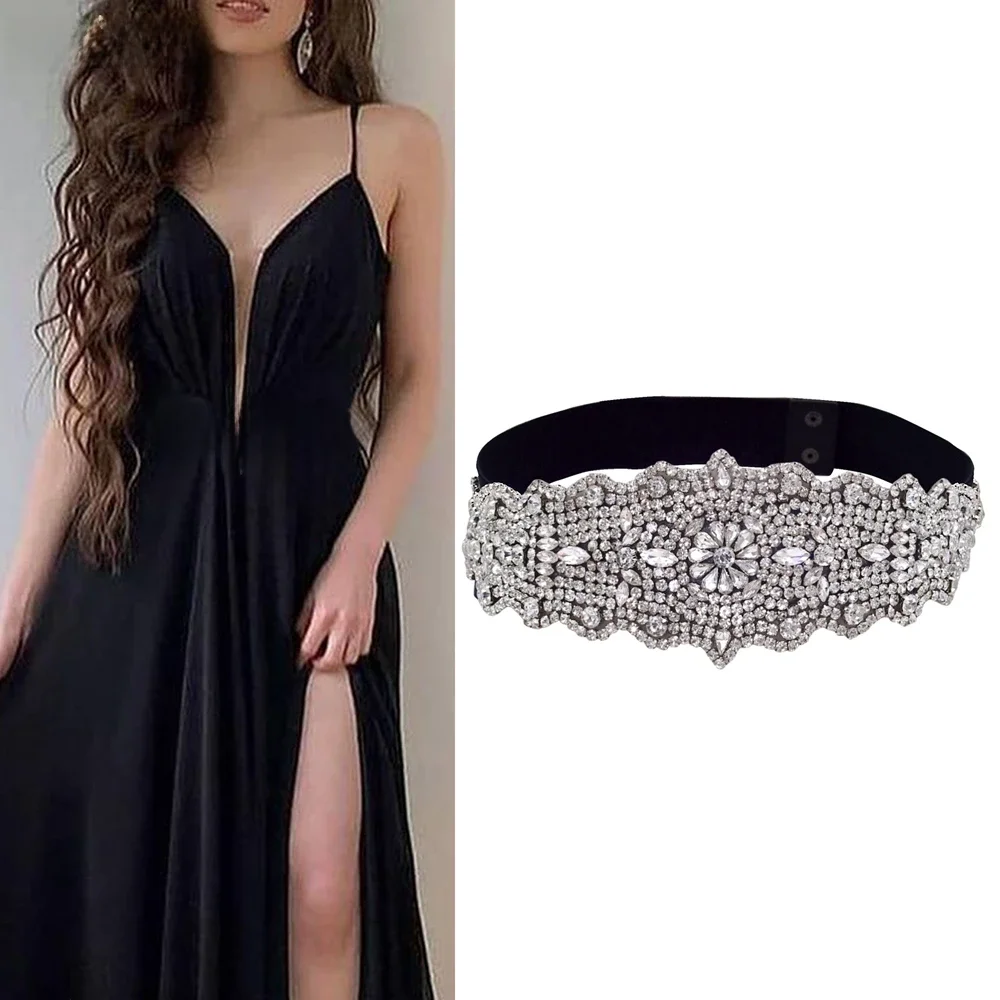 TOPQUEEN S233-B kobiety czarna elastyczna taśma wszystkie mecze srebrne kryształki kryształowe kobiety sukienka elegancka kobieta codzienna szarfa świecący — zdjęcie 2