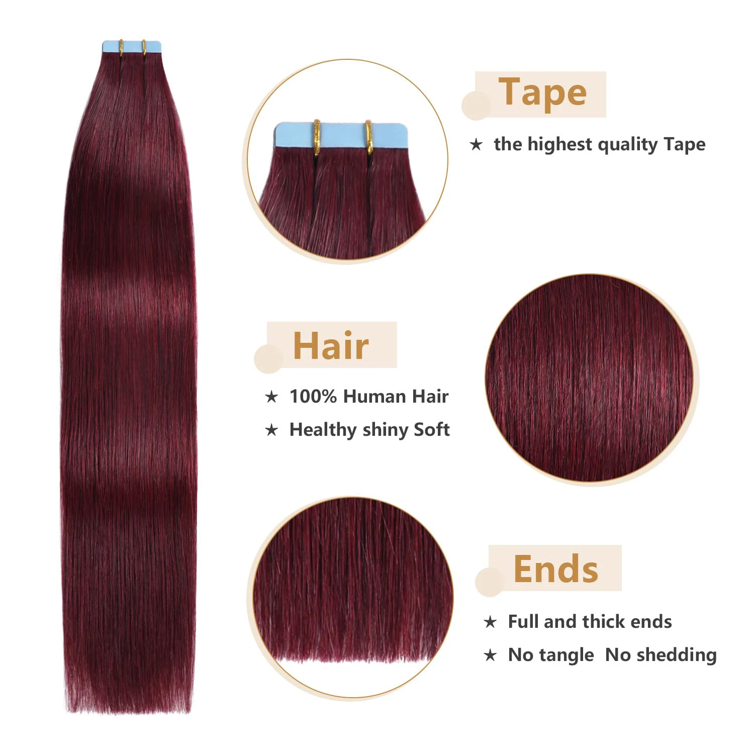 Burgundy Tape In Human Hair Extensions Straight 100% Natural Remy Seamless Invisible Double Side Skin Weft Adhesive For Woman