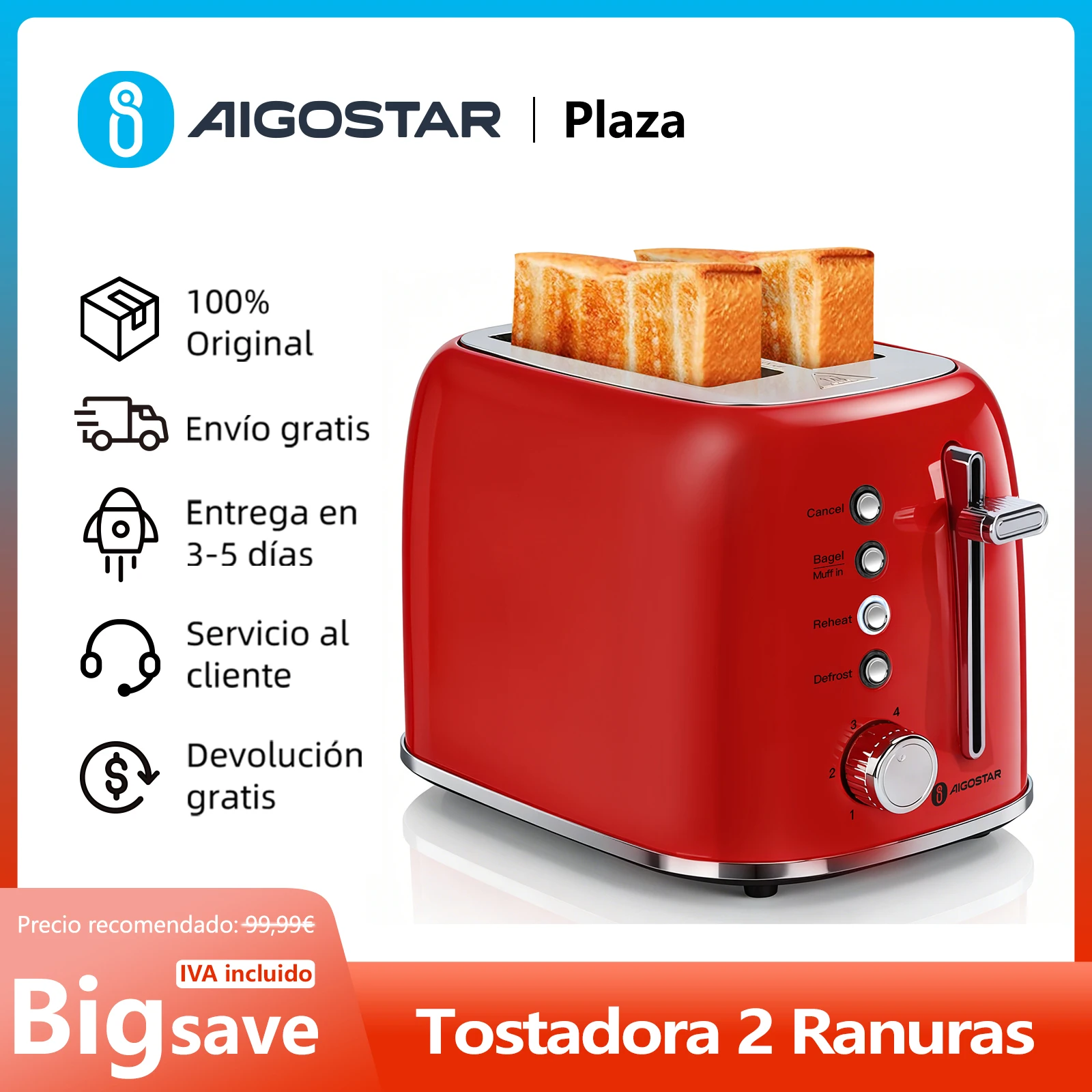 Tostadora Retro, 2 Ranuras Extra Anchas de 4 cm, Programa Especial Bagels, 6 Niveles de Tostado, 3 Funciones, 800W, Libre de BPA