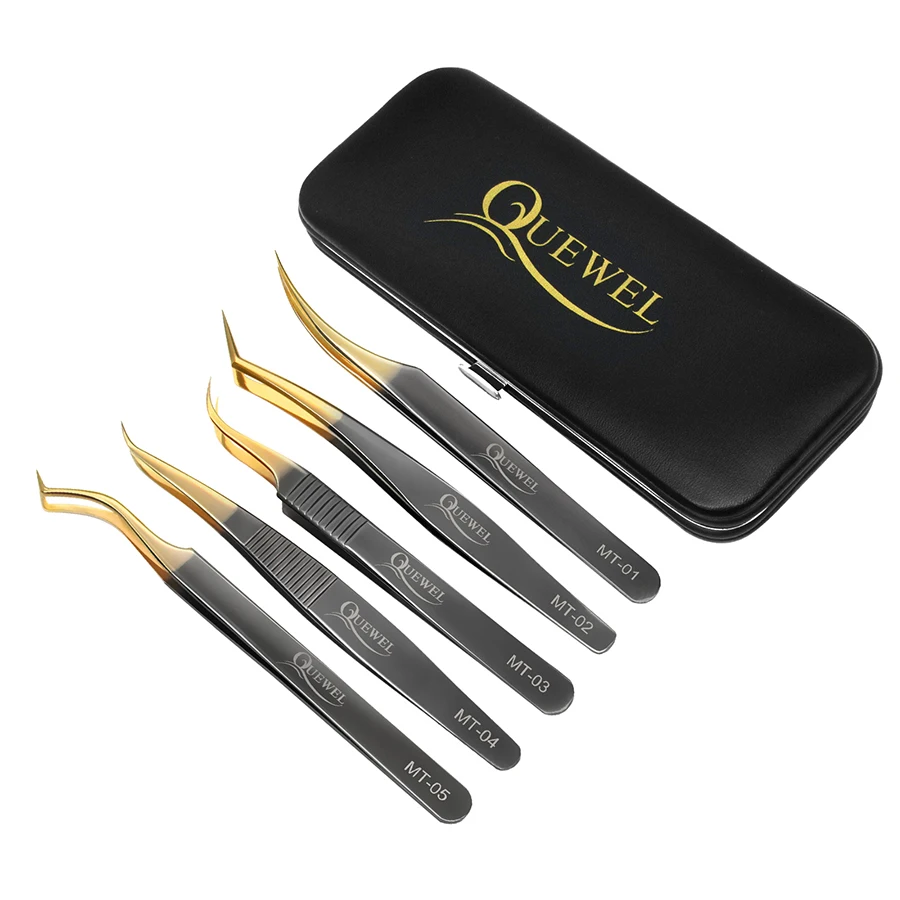 Quewel Eyelash Extension Tweezers Set 5pcs Tweezers For Make Fans Lash Tweezers Curved Tip for Professional Lashes Extension