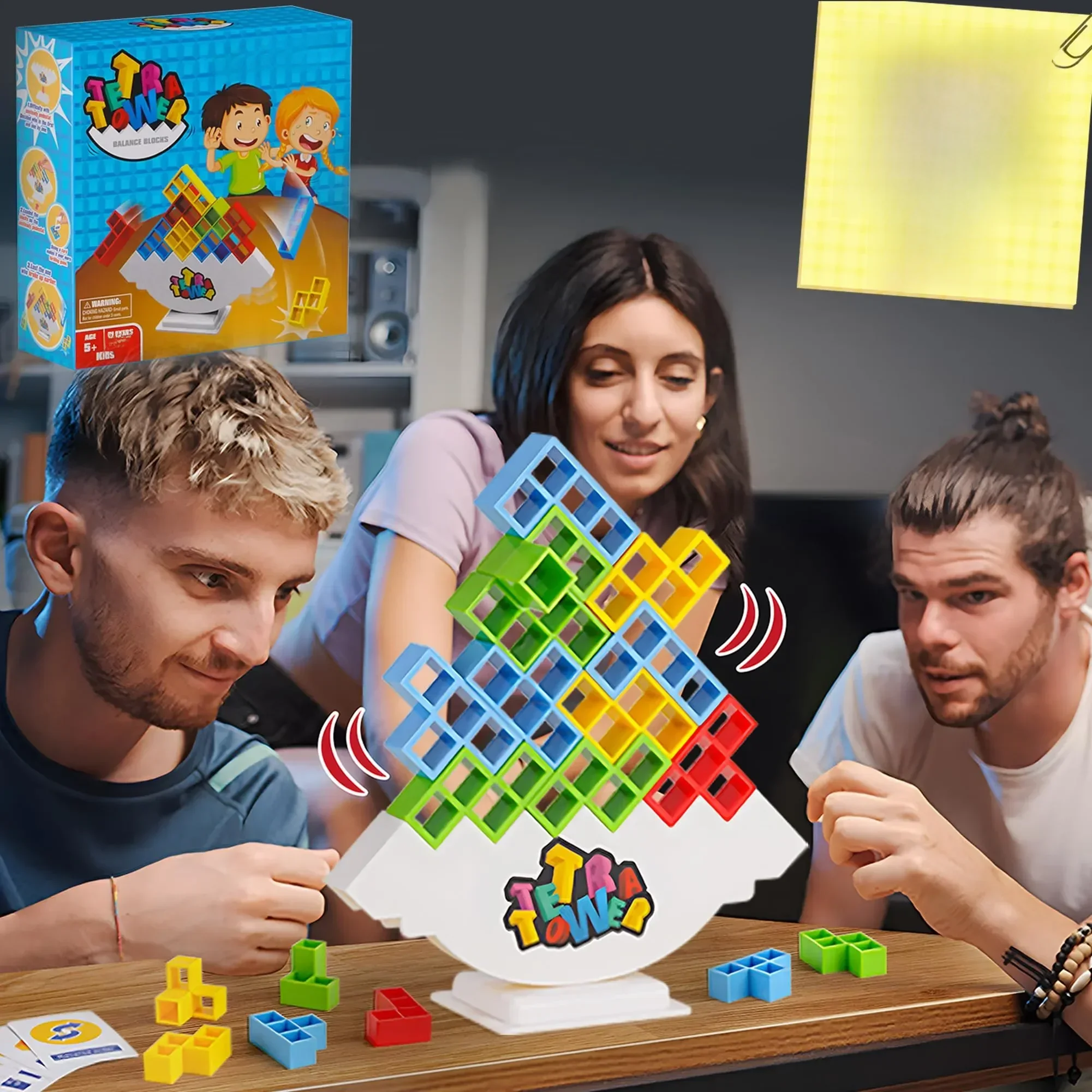 Jeu de construction d'équilibre Tetra Tower Fun avec 64 blocs pour enfants, adultes, amis, équipe, dortoir, soirée en famille et fête