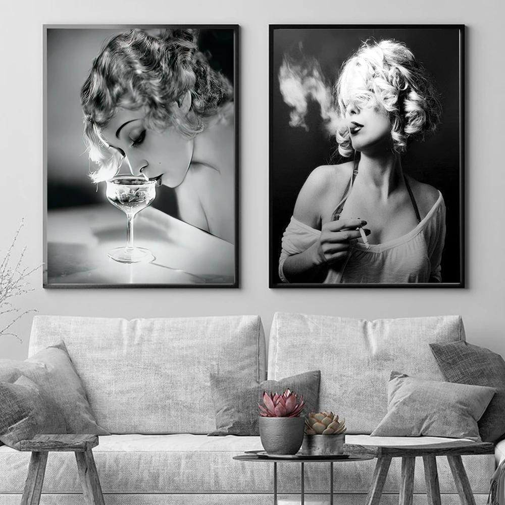 1920's Era Classic Glamour Sexy Photo Champagne Life Poster Smoking Canvas Painting Black White Wall Art Picture Home Decoration