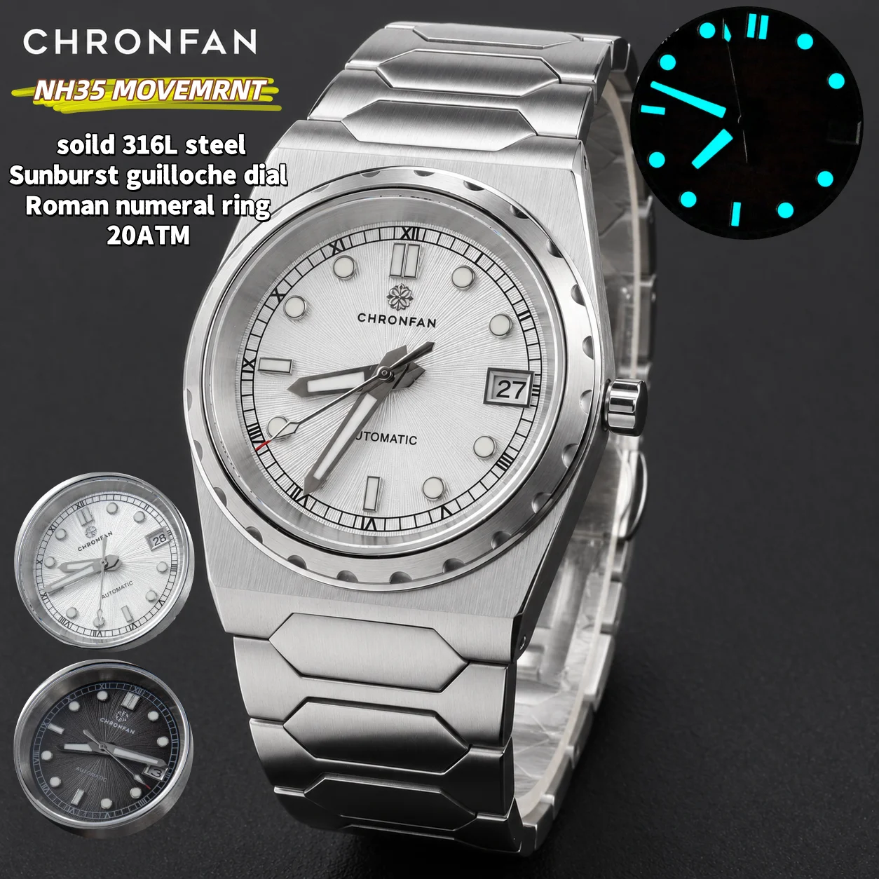 CHRONFAN Luxury Sport Men's NH35 Automatic Mechanical Watch 37mm Sapphire Crystal 20ATM Stainless Steel Bgw9 Blue Luminous Date