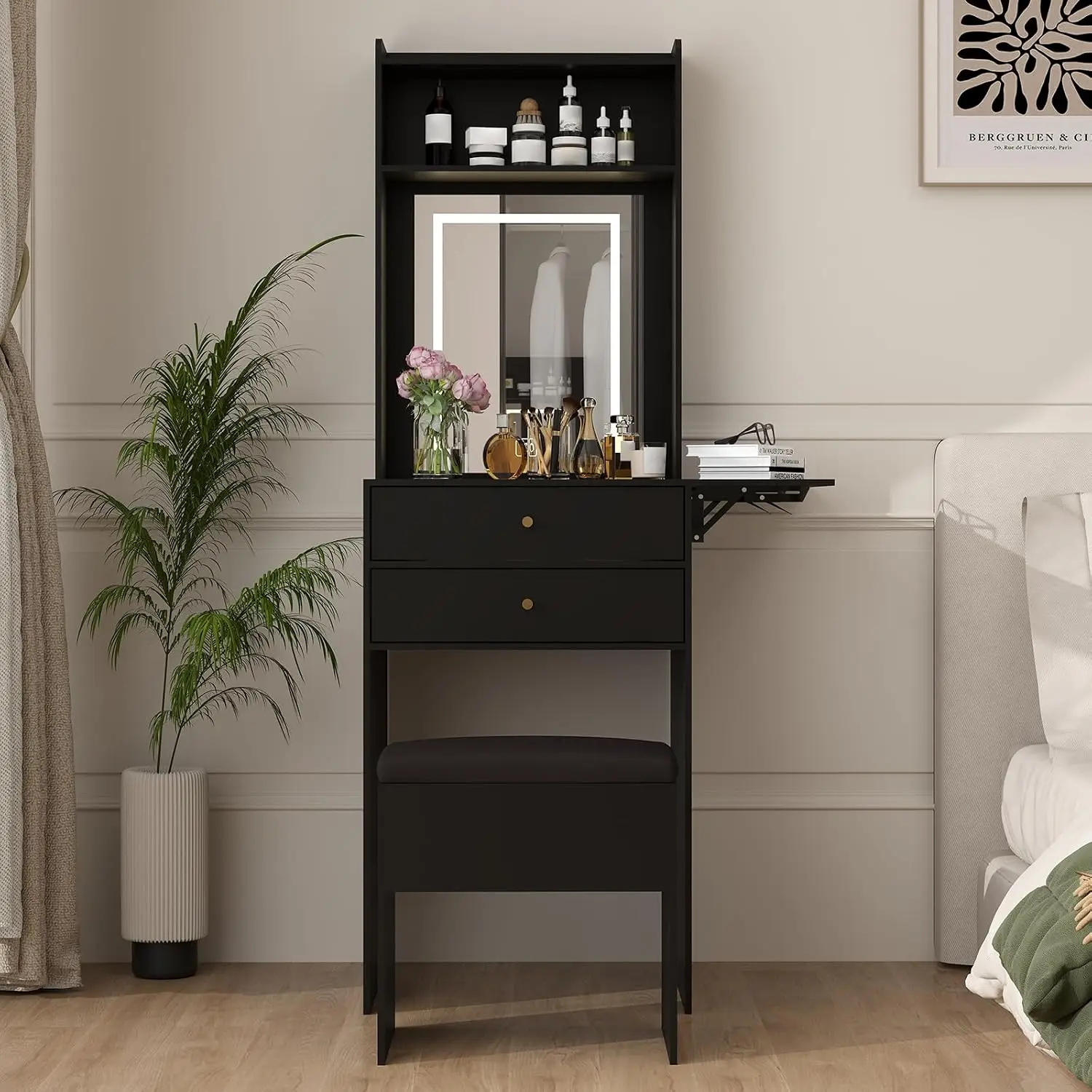 Small Vanity Desk with Mirror & Foldable Side Panel for Bedroom Compact for Small Apartments,Dimmable LED Mirror, 2 Spacious Drawer,Space Saving, Drop-Leaf Side Panel, Hidden Storage Stool