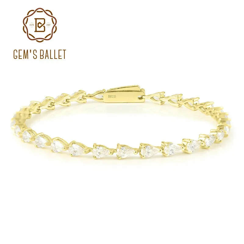 

GEM'S BALLET 18K Gold Plated 925 Sterling Silver Bracelet Pear Shape 3X5mm 10.85CT Total Baguette Moissanite Tennis Bracelet