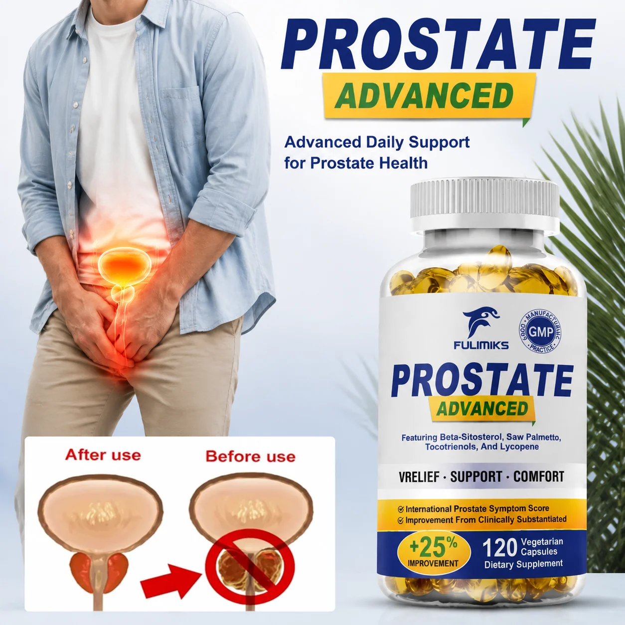 Premium Prostate Capsules with Saw Palmetto & Beta-Sitosterol, Supports Urinary Flow, Prostate Health & Comfort, Relieve Bladder