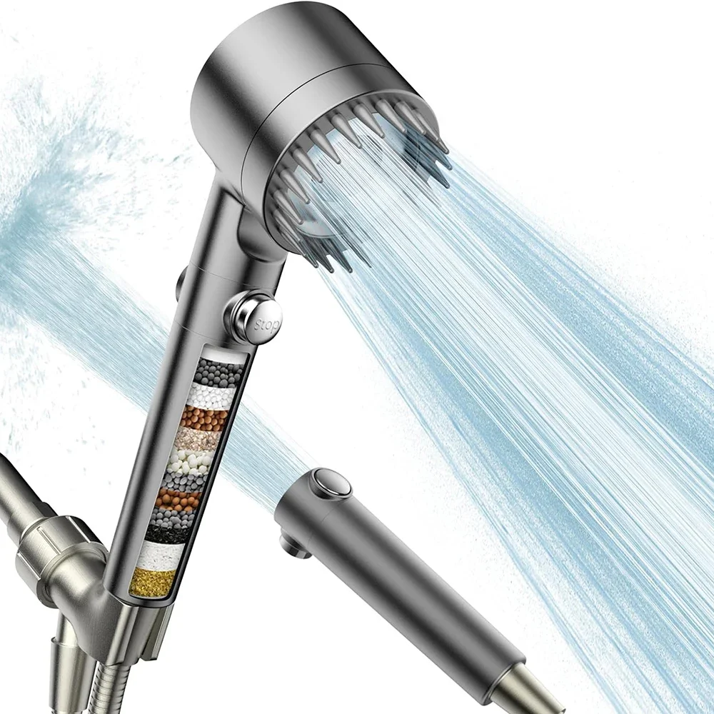 Stainless Steel Fixer+4 Filters Shower Head Set, 3 Adjustable Modes, Stainless Steel Panel & Adapters, Perfect Christmas Gift, Christmas Shower Head