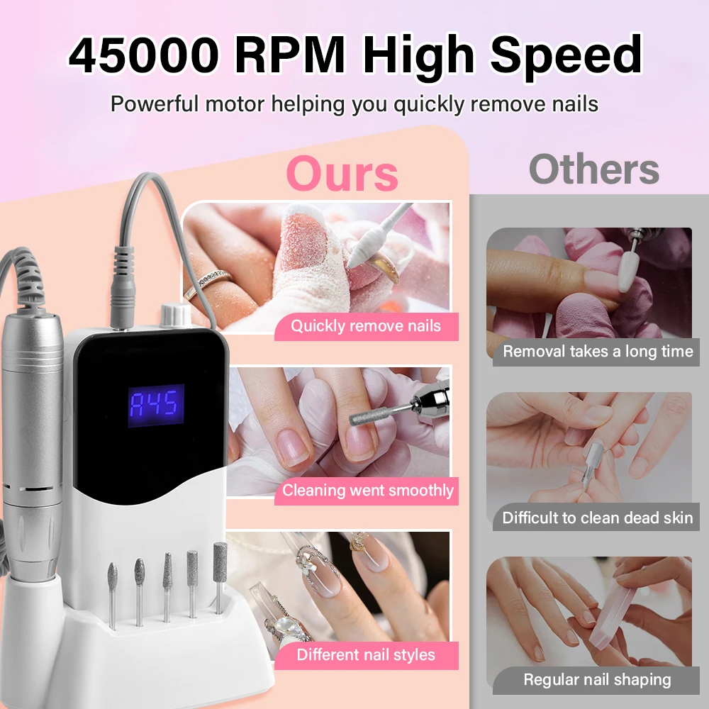 Perceuse à ongles électrique aste portable, ponceuse à ongles, écran LCD HD, polisseuse à ongles professionnelle pour manucure, 45000 tr/min