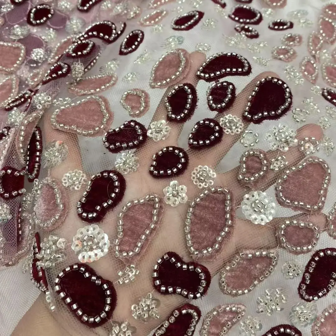 

2025 African Lace Fabric Velvet Beaded Embroidery Tulle Sequins French High Quality Nigerian Wedding Party Dress Material 5Yard