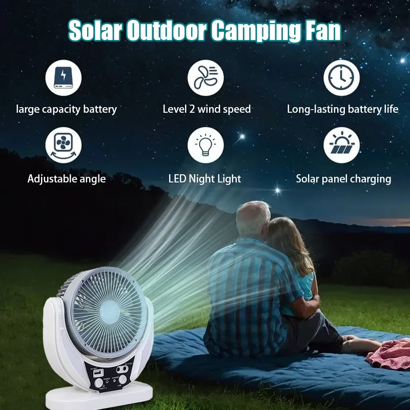 Ventilatore multifunzionale ad energia solare da 2 pezzi, lampadina di emergenza a LED, ricarica USB, funzione di luce notturna, può caricare telefoni cellulari