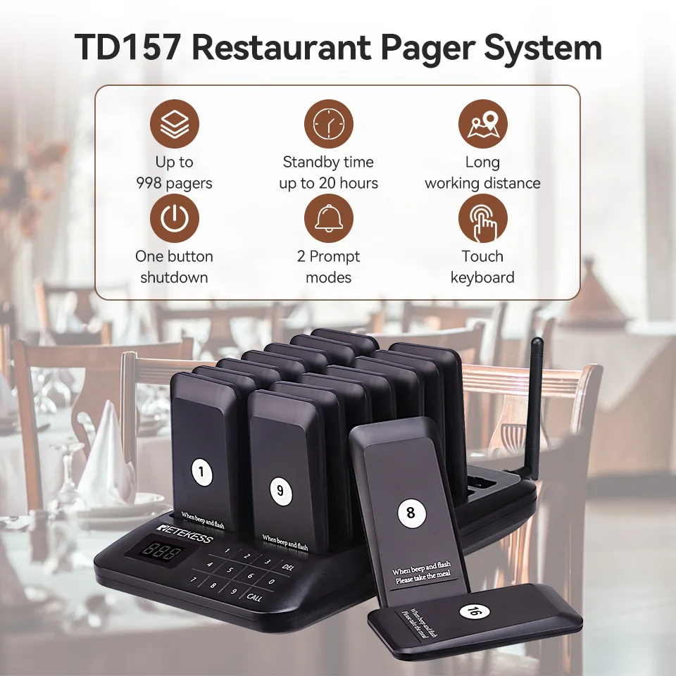 Retekess TD157 restaurant pager wireless calling system coasters buzzer beeper bell receivers for food truck fast food cafe bar