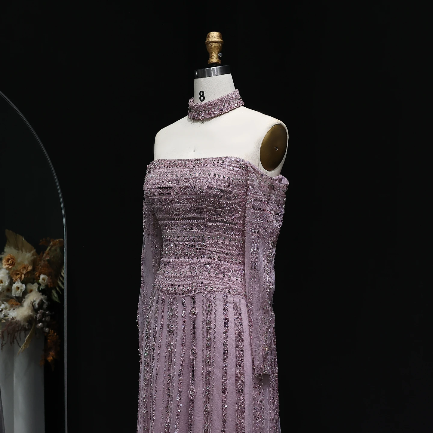 Sharon Said Luxury Silver Beaded Elegant Off Shoulder Evening Dress with Choker Long Sleeves Luxury Wedding SS178 Customized