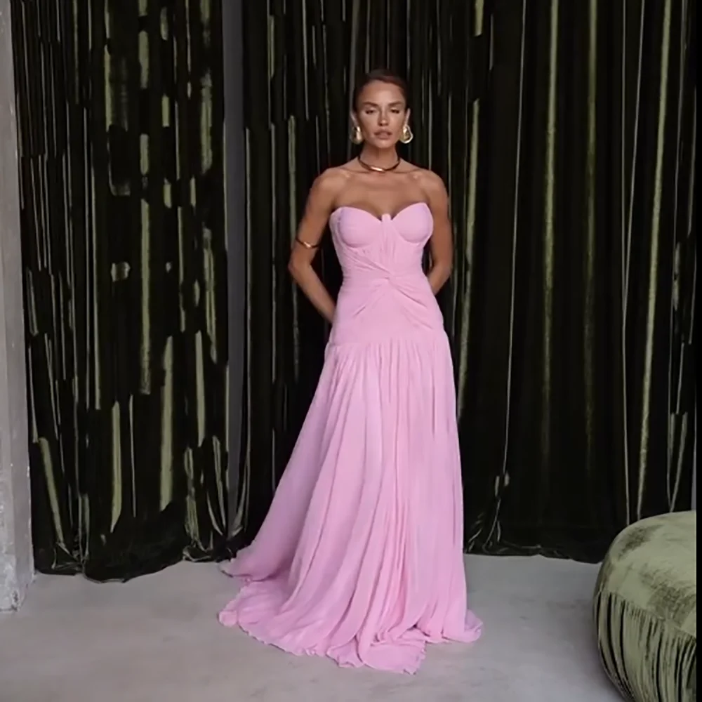 

Msikoods Pink Evening Dresses Strapless Ruched Prom Dress Long A Line Bridesmaid Gown Soft Chiffon Party Dress Women Customized