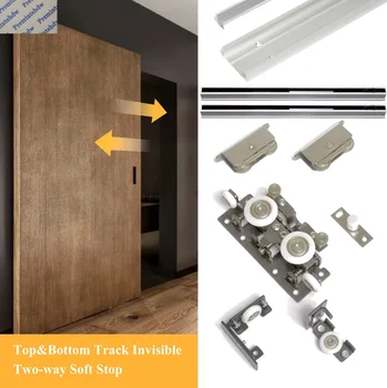 1Set Onzichtbare Track Drijvende Ghost Schuifdeuren Schuurdeur Roller Wielen Kit Tweeweg Soft Closing